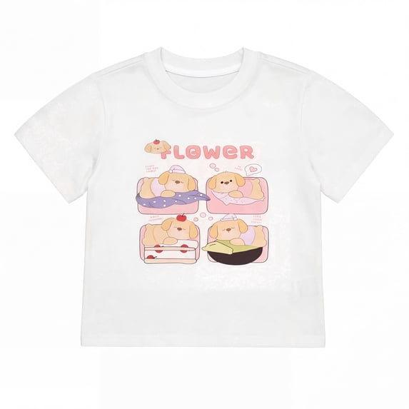 NIPAXO Girls T-Shirt Short Sleeve Graphic Crewneck Soft Cotton Blend Kids Pullover Tee Shirt for Girls with Cute Cartoon Dog Flower Pattern,White