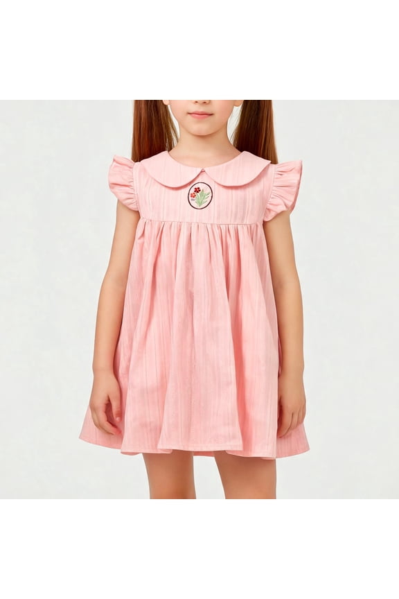 Girls Dress White Floral Embroidery White Striped Peter Pan Collar Flutter Sleeve Baby Doll Casual Sundress for Kids