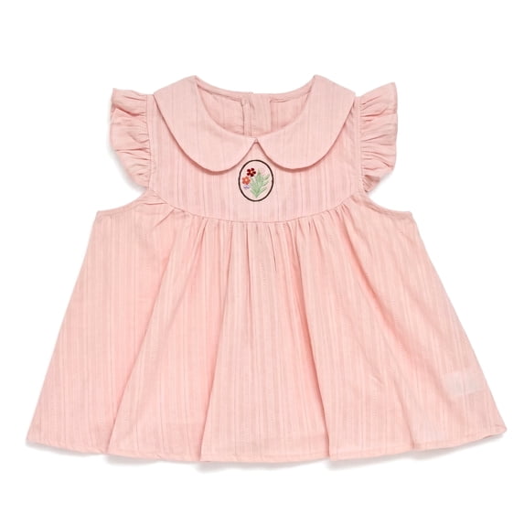 Girls Baby Doll Dress Peter Pan Collar Tunic Floral Embroidered Sleeveless Blouse Ruffle Cotton Dress for Girls, Pink, Sizes 9-10Y