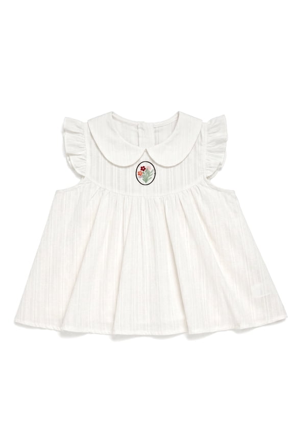 Girls Baby Doll Dress Peter Pan Collar Tunic Floral Embroidered Sleeveless Blouse Ruffle Cotton Dress for Girls, White, Sizes