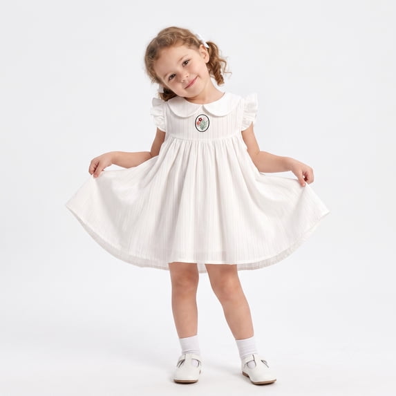 NIPAXO Girls Dress White Floral Embroidery White Striped Peter Pan Collar Flutter Sleeve Baby Doll Casual Sundress for Kids
