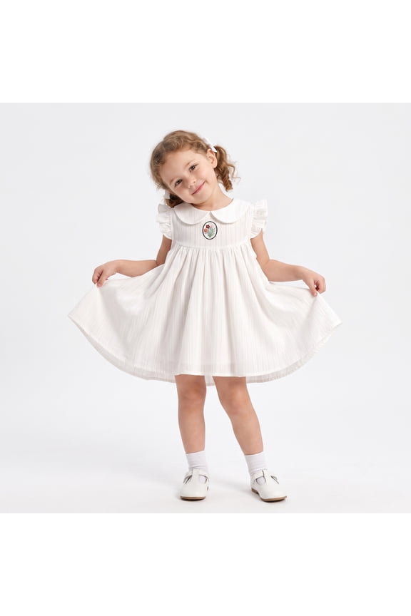 Girls Dress White Floral Embroidery White Striped Peter Pan Collar Flutter Sleeve Baby Doll Casual Sundress for Kids