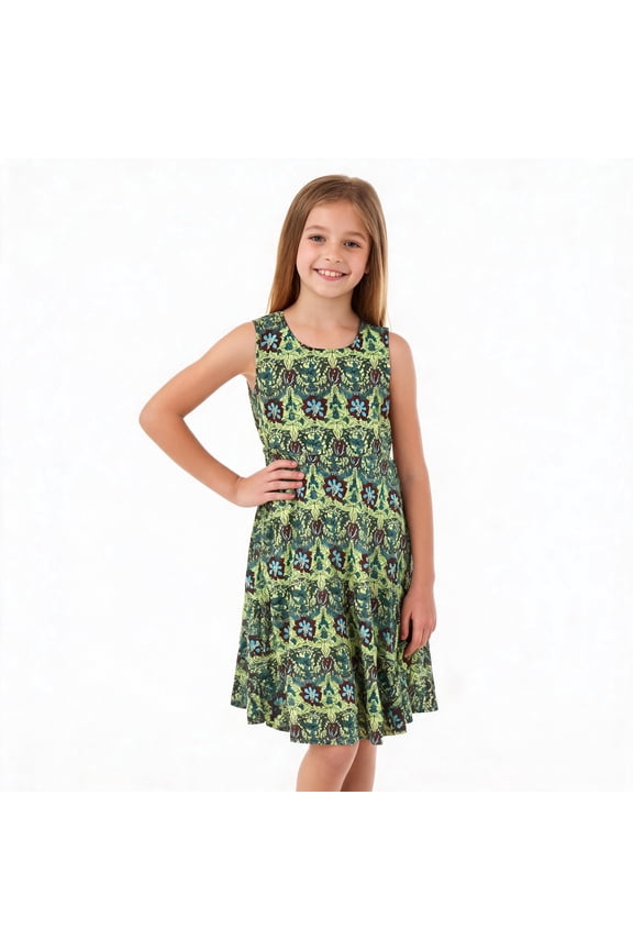 Girls Dress Vintage Floral Smocked Sleeveless Square Neck Tiered Ruffle Hem Cotton Casual Summer Sundress for Toddler Little Kids
