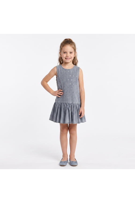 Girls Dress Blue Denim Sleeveless Round Neck Embellished Ruffle Hem Casual Sundress for Kids