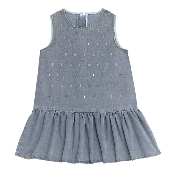 NIPAXO Girls Dress Blue Denim Sleeveless Round Neck Embellished Ruffle Hem Casual Sundress for Kids
