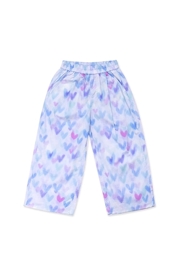 Girls Wide Leg Pants Gradient Heart Print Elastic Waist Loose Fit Cotton Culottes Casual Summer Trousers for Girls, Purple, Sizes 11-12