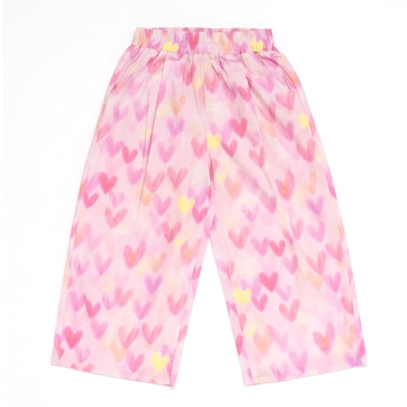Girls Wide Leg Pants Gradient Heart Print Elastic Waist Loose Fit Cotton Culottes Casual Summer Trousers for Girls, Pink, Sizes 4-5
