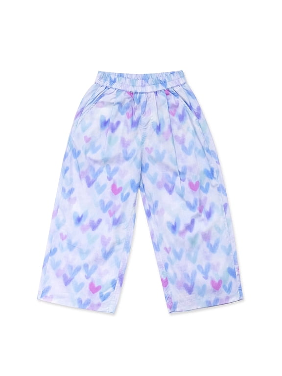 Girls Wide Leg Pants Gradient Heart Print Elastic Waist Loose Fit Cotton Culottes Casual Summer Trousers for Girls, Purple, Sizes 4-5