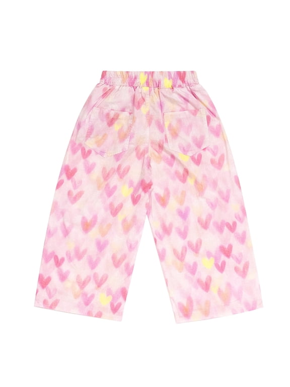 Girls Wide Leg Pants Gradient Heart Print Elastic Waist Loose Fit Cotton Culottes Casual Summer Trousers for Girls, Pink, Sizes 5-6