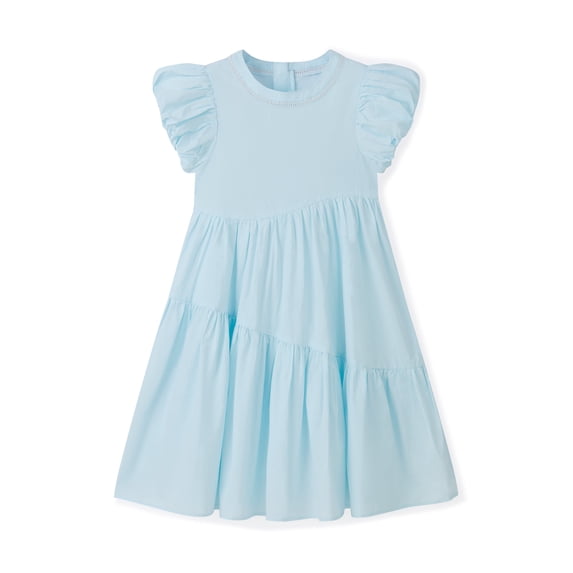 Girls Summer Puff Sleeve Dress, Light Blue Asymmetric Tiered Skirt, Sweet Cotton Party Dress for Toddler & Little Girls (5-6Y)