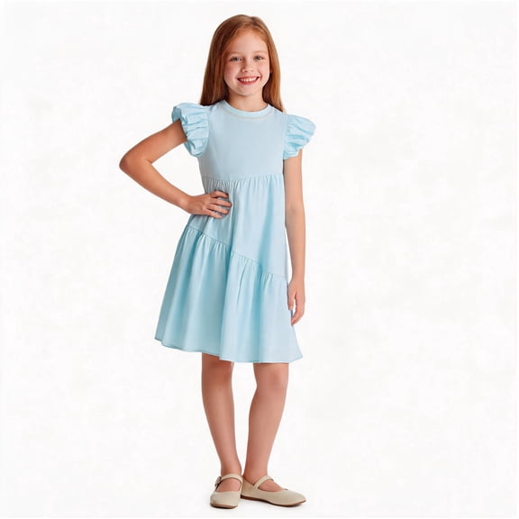 NIPAXO Girls Dress Puff Sleeve Floral Print Tiered Ruffle Hem Cotton Blend Summer Casual Dress for Girls with Lace Neckline Blue