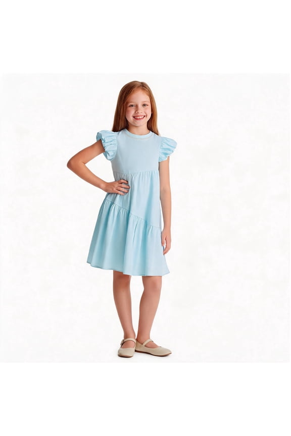 Girls Dress Puff Sleeve Floral Print Tiered Ruffle Hem Cotton Blend Summer Casual Dress for Girls with Lace Neckline Blue