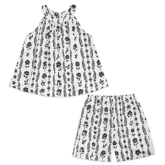 NIPAXO Girls Two Piece Set Halter Neck Top Back Zipper Elastic Waist Shorts Vertical Vine Floral Stripe Print Summer Outfit for Girls Age 4-5Y