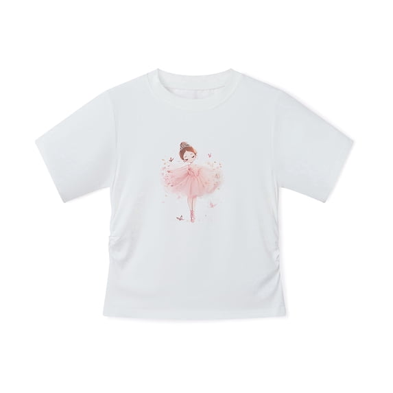 NIPAXO Girls T-Shirt Ballet Girl Print Cotton Blend Short Sleeve Ballerina Princess Graphic Tee for Girls, White, Sizes 4-5Y