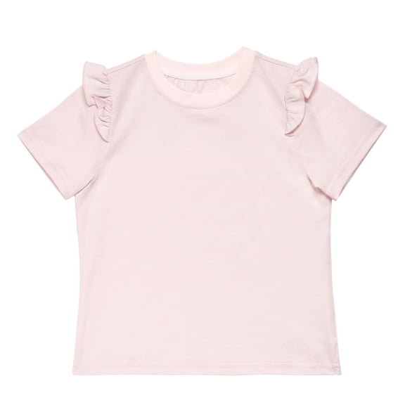 NIPAXO Girls T-Shirt Flutter Sleeve Cotton Blend Short Sleeve Solid Color Crewneck Tee for Girls, Pink, Sizes 4-5Y