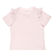 NIPAXO Girls T-Shirt Flutter Sleeve Cotton Blend Short Sleeve Solid Color Crewneck Tee for Girls, Pink, Sizes 4-5Y