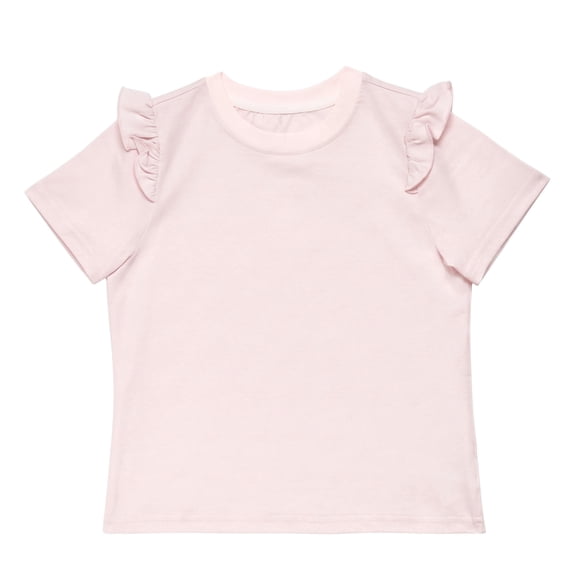 NIPAXO Girls T-Shirt Flutter Sleeve Cotton Blend Short Sleeve Solid Color Crewneck Tee for Girls, Pink, Sizes 4-5Y