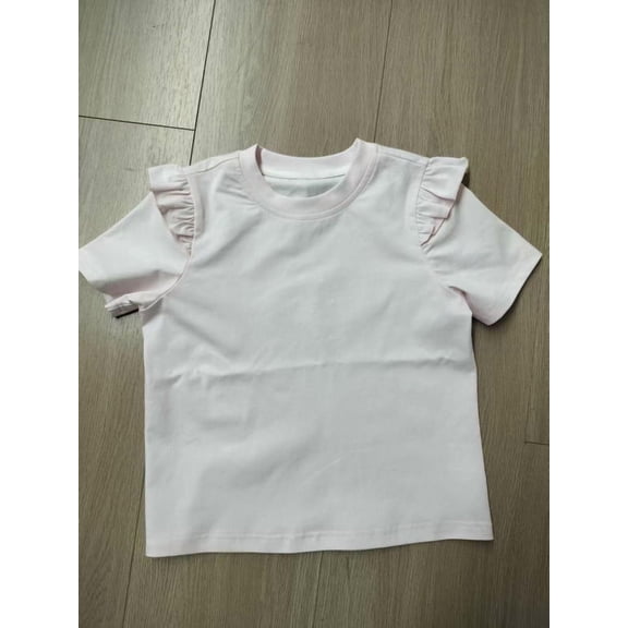 NIPAXO Girls T-Shirt Flutter Sleeve Cotton Blend Short Sleeve Solid Color Crewneck Tee for Girls, Pink, Sizes 4-5Y