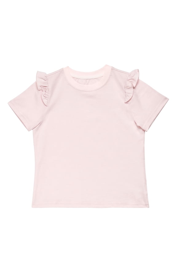 Girls T-Shirt Flutter Sleeve Cotton Blend Short Sleeve Solid Color Crewneck Tee for Girls, Pink, Sizes 7-8Y