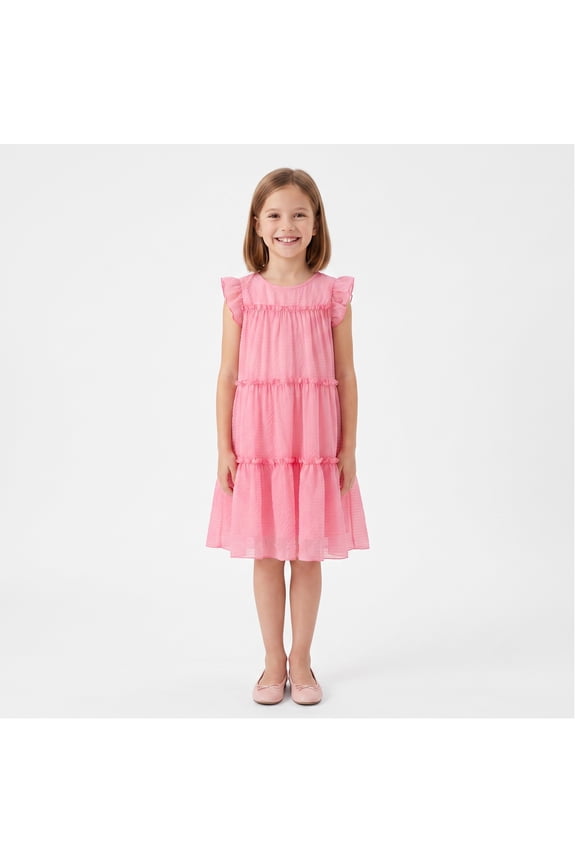 Girls Dress Summer Flutter Sleeve Crewneck Fully Lined Tiered Ruffle Flowy Boho Casual Dress for Kids