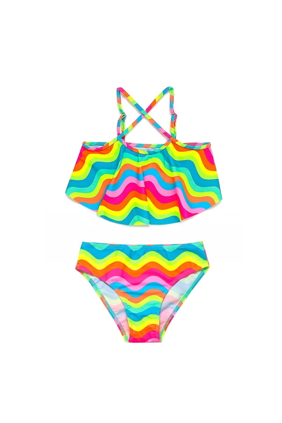 Girls Swimsuit Rainbow Wave Print 2-Piece Bikini Set Flutter Top and Bottom Beach Swimsuit for Girls and Toddlers