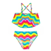 NIPAXO Girls Swimsuit Rainbow Wave Print 2-Piece Bikini Set Flutter Top and Bottom Beach Swimsuit for Girls and Toddlers