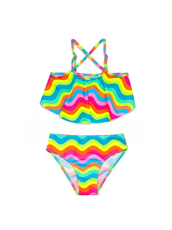 Girls Swimsuit Rainbow Wave Print 2-Piece Bikini Set Flutter Top and Bottom Beach Swimsuit for Girls and Toddlers