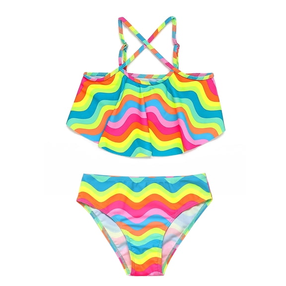 Girls 2-Piece Swimsuit Rainbow Wave Print Flounce Bikini Top and Bottom Set for Girls