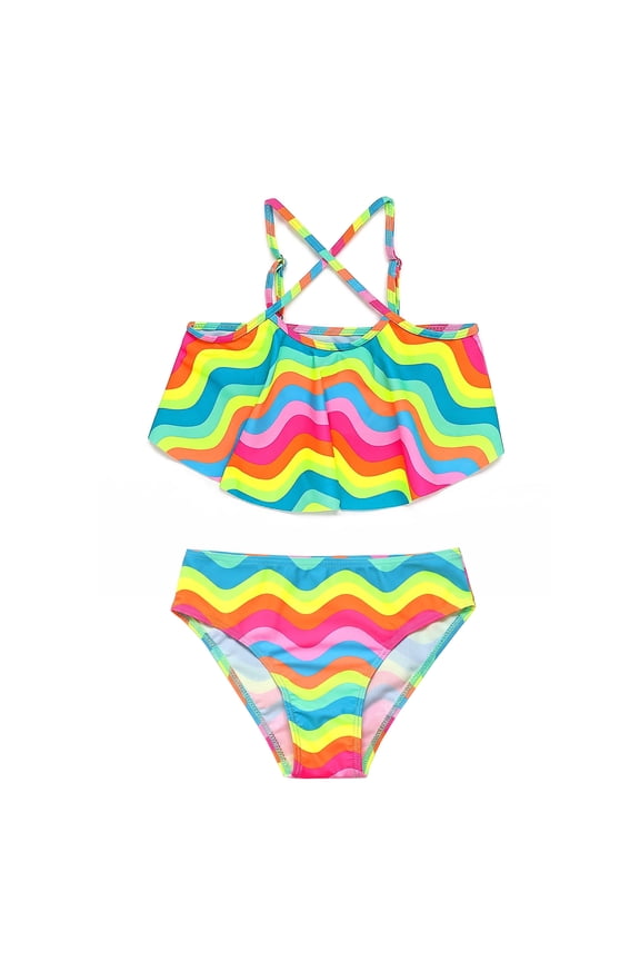 Girls 2-Piece Swimsuit Rainbow Wave Print Flounce Bikini Top and Bottom Set for Girls