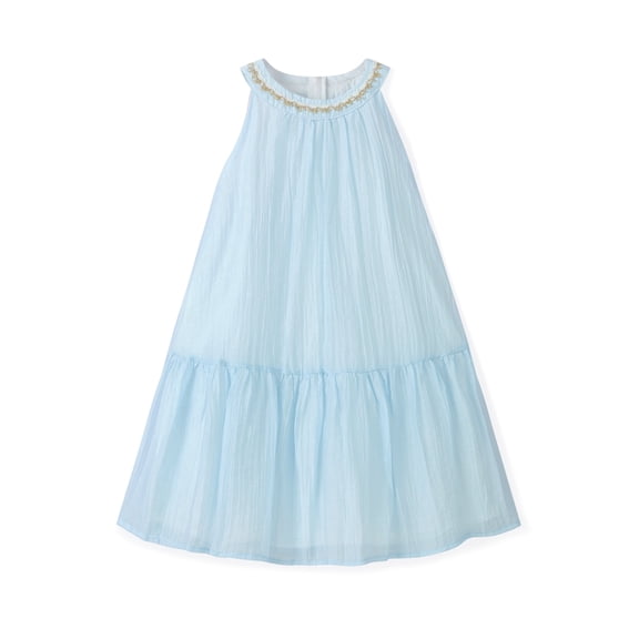 Girls Summer Dress Halter Neck Flower Girl Party Dress Embroidered Sleeveless Tiered Chiffon Sundress for Kids, Blue, Sizes 4-5Y