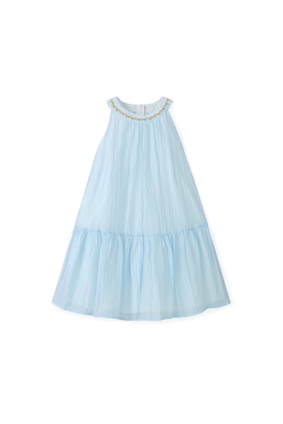 Girls Summer Dress Halter Neck Flower Girl Party Dress Embroidered Sleeveless Tiered Chiffon Sundress for Kids, Blue, Sizes 4-5Y