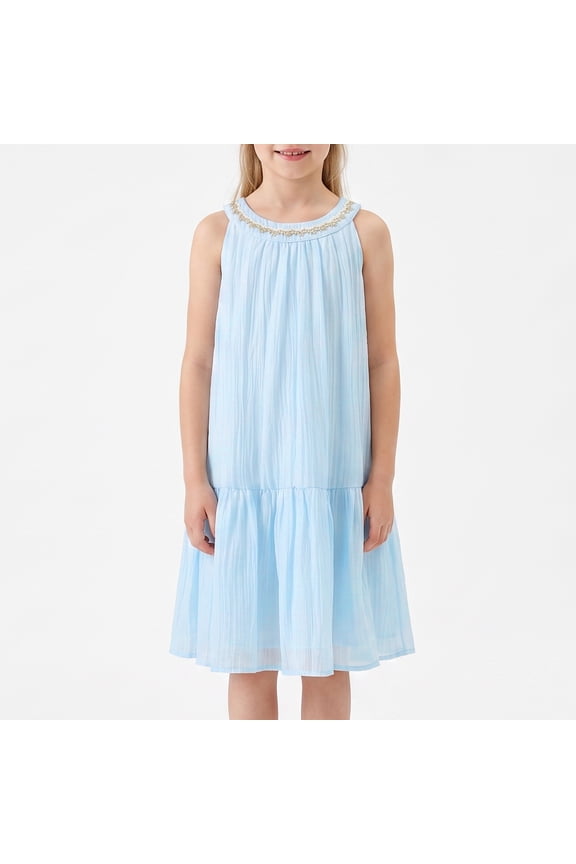 Girls Summer Dress Halter Neck Flower Girl Party Dress Embroidered Sleeveless Tiered Chiffon Sundress for Kids, Blue, Sizes 5-6Y