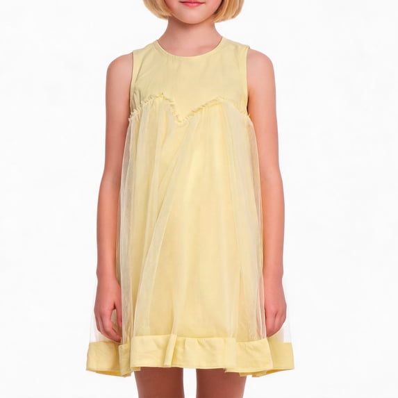 NIPAXO Girls Dress Sleeveless Crewneck Tulle Mesh Overlay Flowy A-Line Casual Sundress for Kids