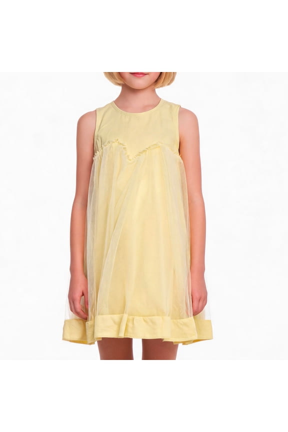 Girls Dress Sleeveless Crewneck Tulle Mesh Overlay Flowy A-Line Casual Sundress for Kids