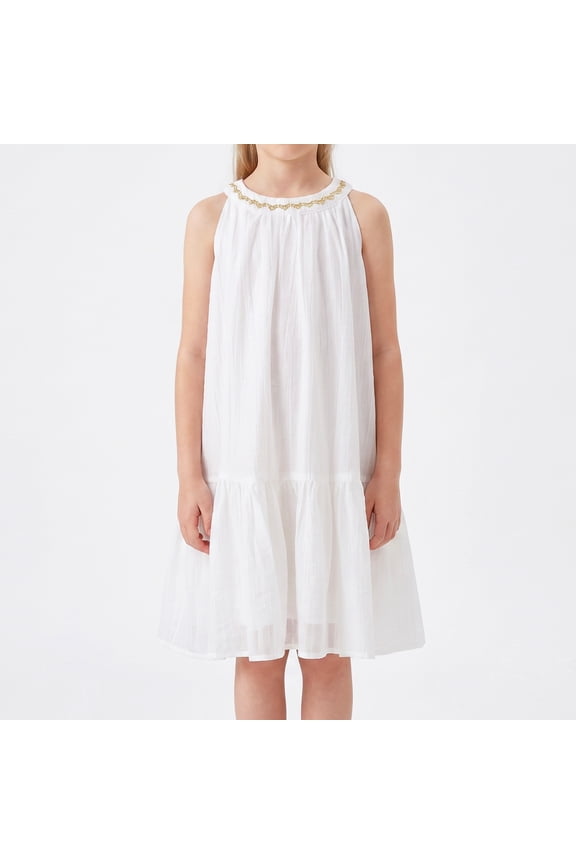Girls Summer Dress Halter Neck Flower Girl Party Dress Embroidered Sleeveless Tiered Chiffon Sundress for Kids, White, Sizes 4-5Y