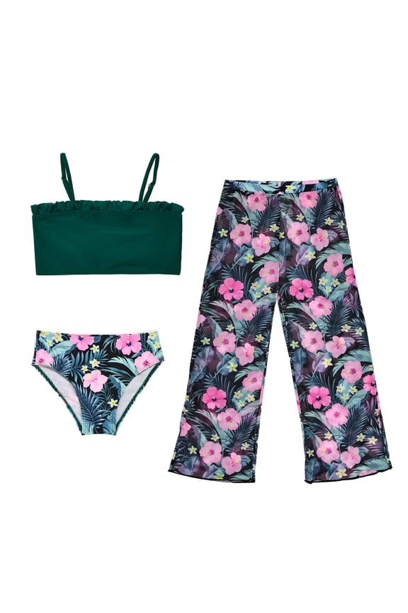 Girls Swimsuit 3-Piece Tropical Floral Bikini Set with Mesh Cover Up Pants Swimwear for Girls, Hot Dark Green, Sizes 4-5 Years Old