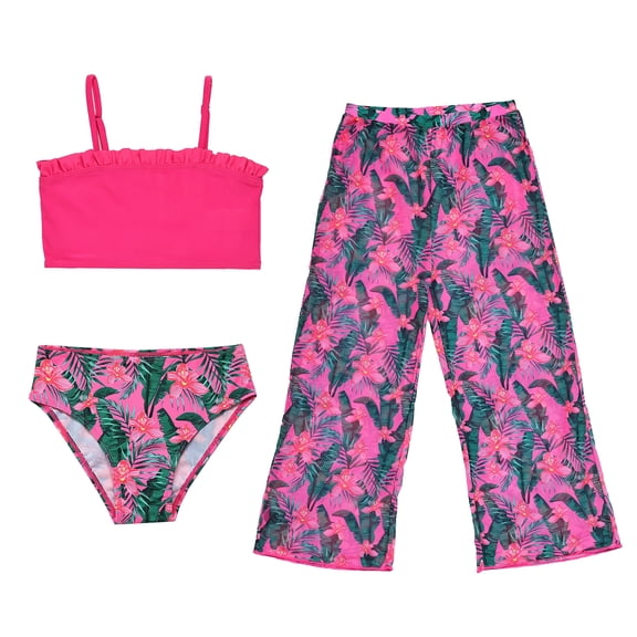 NIPAXO Girls Swimsuit 3-Piece Tropical Floral Bikini Set with Mesh Cover Up Pants Swimwear for Girls, Hot Pink, Sizes 4-5 Years Old