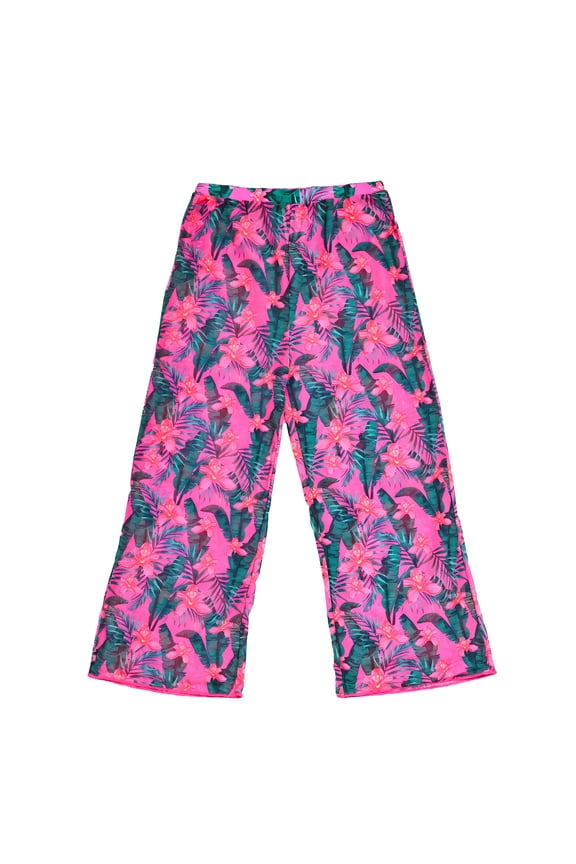 Girls Swimsuit 3-Piece Tropical Floral Bikini Set with Mesh Cover Up Pants Swimwear for Girls, Hot Pink, Sizes 5-6 Years Old