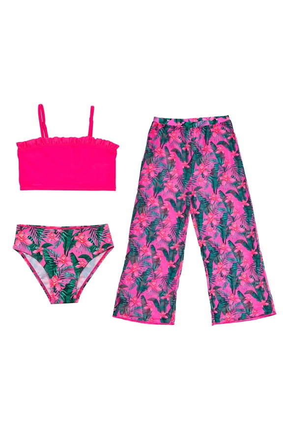 Girls Swimsuit 3-Piece Tropical Floral Bikini Set with Mesh Cover Up Pants Swimwear for Girls, Hot Pink, Sizes 7-8 Years Old