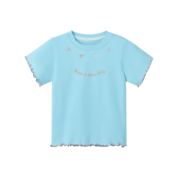 NIPAXO Girls T-Shirt Embroidery Cotton Blend Short Sleeve Lettuce Trim Bow Graphic Tee for Girls, Blue, Sizes 5-6Y