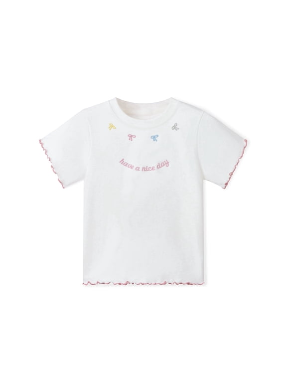 Girls T-Shirt Embroidery Cotton Blend Short Sleeve Lettuce Trim Bow Graphic Tee for Girls, White, Sizes 5-6Y