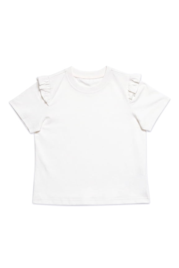 Girls T-Shirt Flutter Sleeve Cotton Blend Short Sleeve Solid Color Crewneck Tee for Girls, White, Sizes 4-5Y