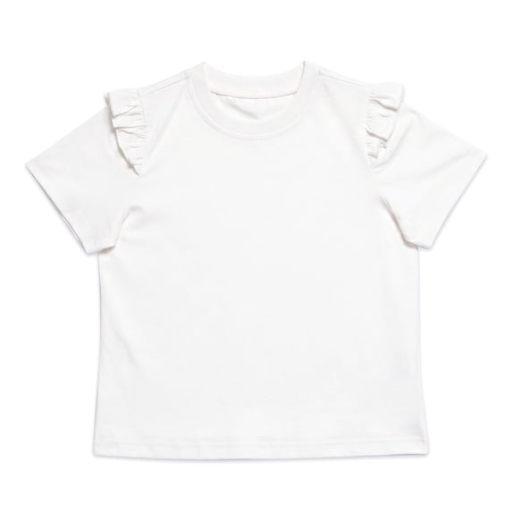 NIPAXO Girls T-Shirt Flutter Sleeve Cotton Blend Short Sleeve Solid Color Crewneck Tee for Girls, White, Sizes 5-6Y