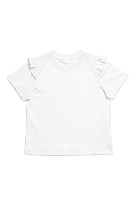 Girls T-Shirt Flutter Sleeve Cotton Blend Short Sleeve Solid Color Crewneck Tee for Girls, White, Sizes 7-8Y