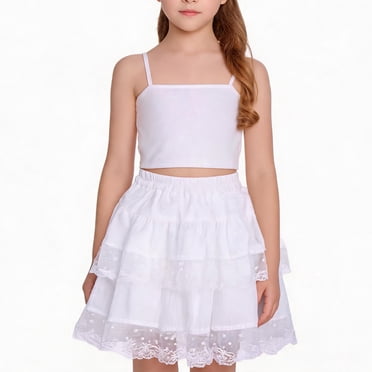 NIPAXO Girls Tiered Skirt Lace Trim Elastic Waist Polka Dot Mesh Casual A-Line Summer White Skirt for Kids and Toddlers,White (4-5Y )