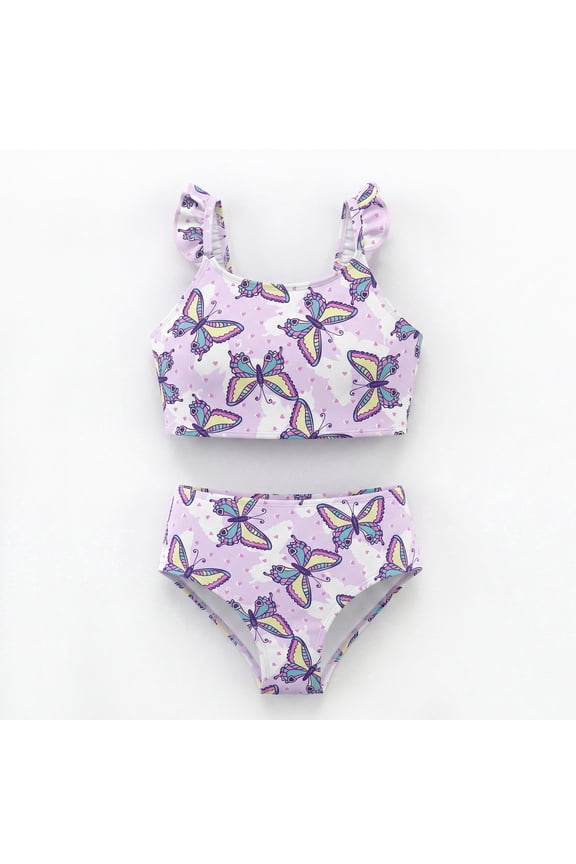 Girls Two Piece Swimsuit Flutter Ruffle Strap Tankini Top Bikini Bottom Floral Butterfly Swimwear for Toddler Little Kids Age 4-5 Years