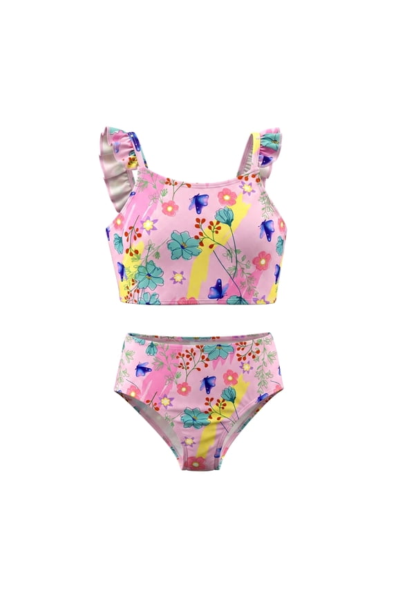 Girls Two Piece Swimsuit Flutter Ruffle Strap Tankini Top Bikini Bottom Floral Butterfly Swimwear for Toddler Little Kids Age 4-5 Years