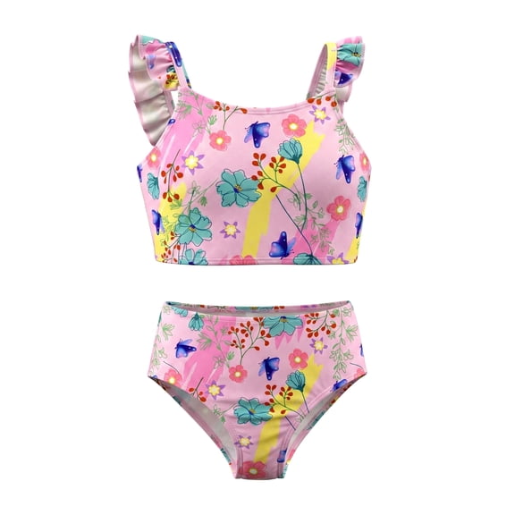 NIPAXO Girls Two Piece Swimsuit Flutter Ruffle Strap Tankini Top Bikini Bottom Floral Butterfly Swimwear for Toddler Little Kids Age 4-5 Years