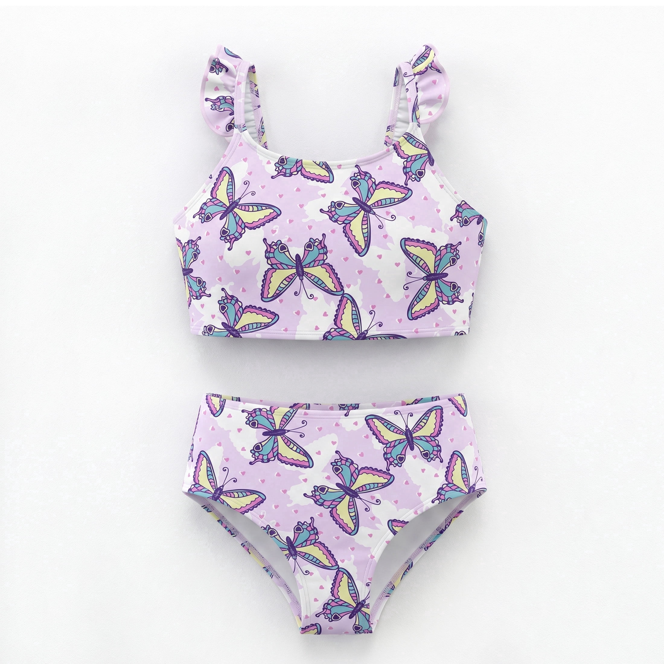 NIPAXO Girls Two Piece Swimsuit Flutter Ruffle Strap Tankini Top Bikini Bottom Floral Butterfly Swimwear for Toddler Little Kids Age 7-8 Years