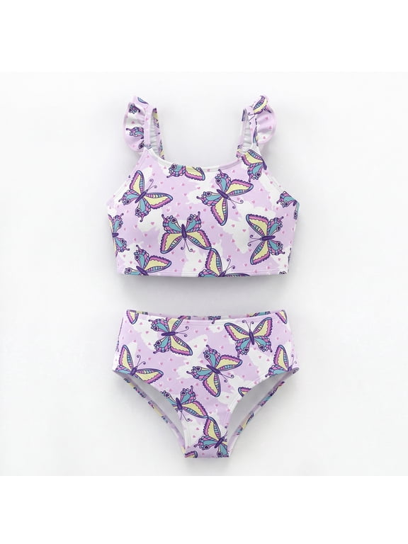 Girls Two Piece Swimsuit Flutter Ruffle Strap Tankini Top Bikini Bottom Floral Butterfly Swimwear for Toddler Little Kids Age 7-8 Years